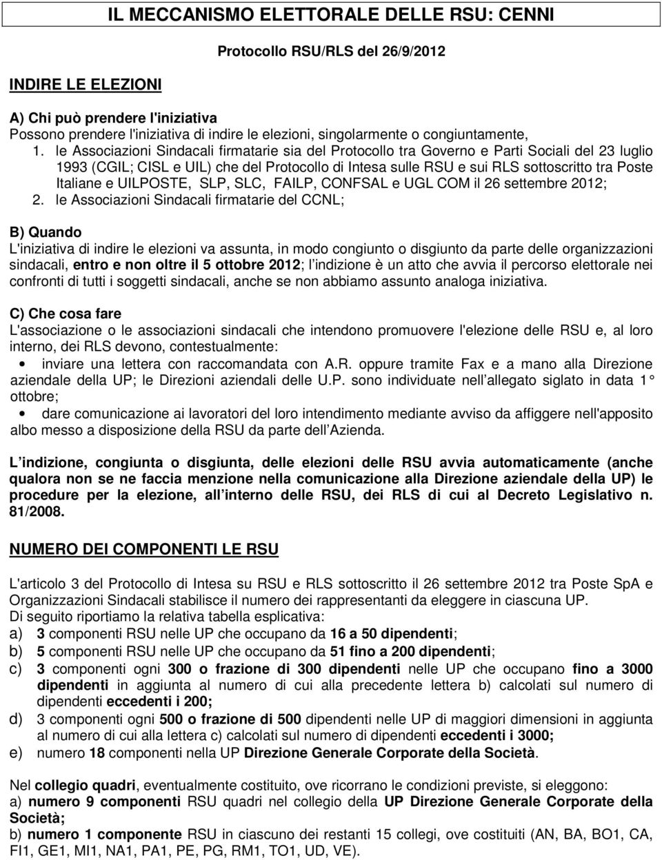 le Associazioni Sindacali firmatarie sia del Protocollo tra Governo e Parti Sociali del 23 luglio 1993 (CGIL; CISL e UIL) che del Protocollo di Intesa sulle RSU e sui RLS sottoscritto tra Poste