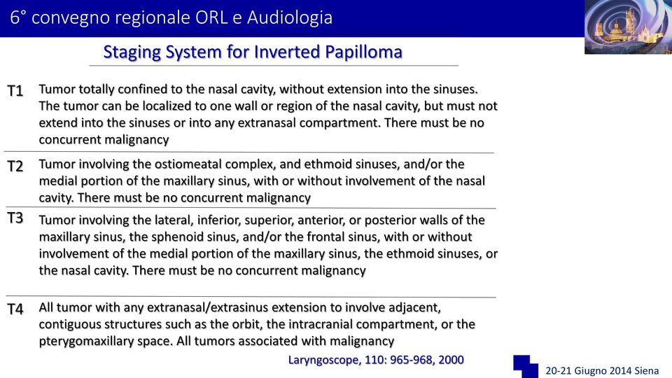 There must be no concurrent malignancy Tumor involving the ostiomeatal complex, and ethmoid sinuses, and/or the medial portion of the maxillary sinus, with or without involvement of the nasal cavity.