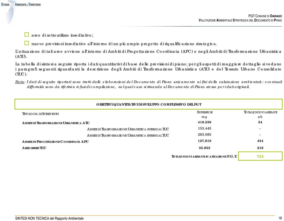 La tabella di sintesi a seguire riporta i dati quantitativi di base delle previsioni di piano; per gli aspetti di maggiore dettaglio si vedano i paragrafi seguenti riguardanti la descrizione degli