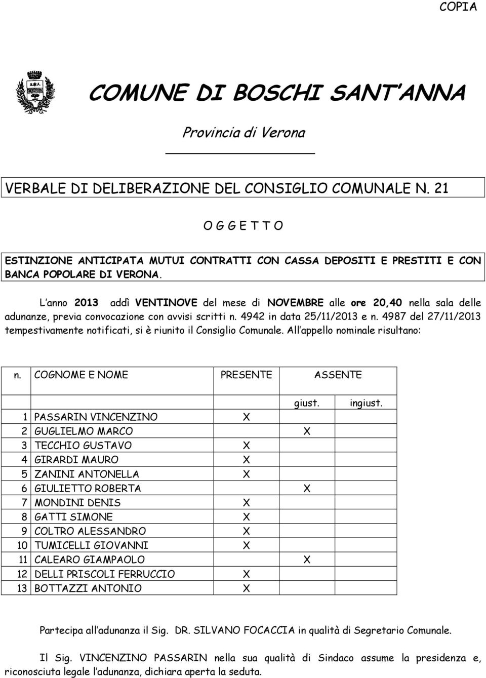 L anno 2013 addì VENTINOVE del mese di NOVEMBRE alle ore 20,40 nella sala delle adunanze, previa convocazione con avvisi scritti n. 4942 in data 25/11/2013 e n.