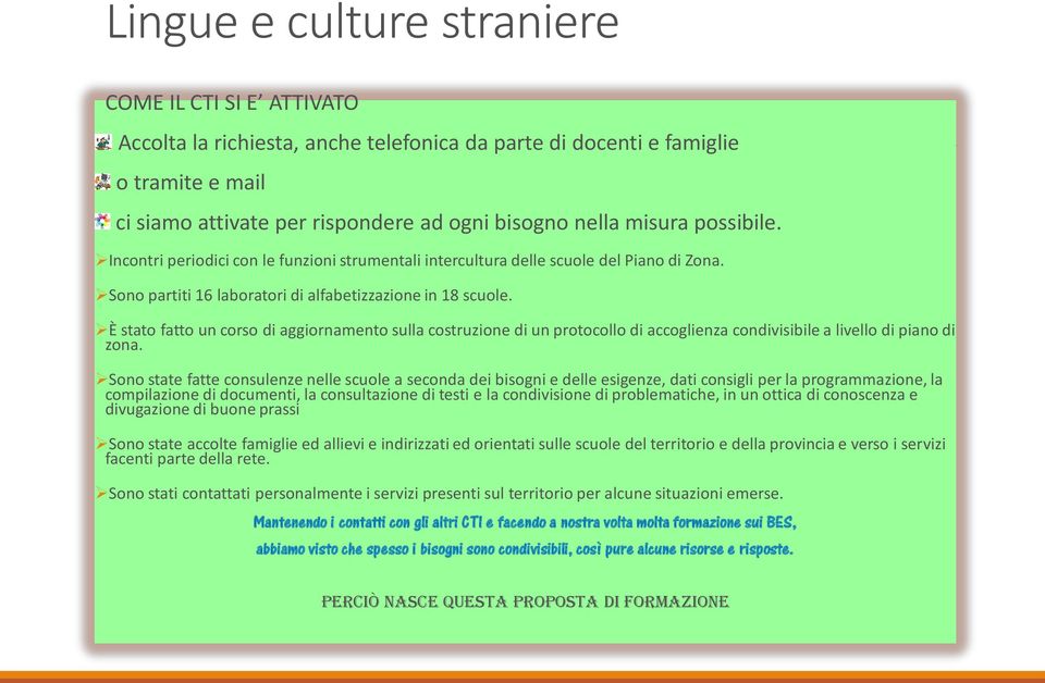 È stato fatto un corso di aggiornamento sulla costruzione di un protocollo di accoglienza condivisibile a livello di piano di zona.