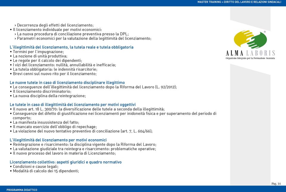 dipendenti; I vizi del licenziamento: nullità, annullabilità e inefficacia; La tutela obbligatoria: le indennità risarcitorie; Brevi cenni sul nuovo rito per il licenziamento; Le nuove tutele in caso