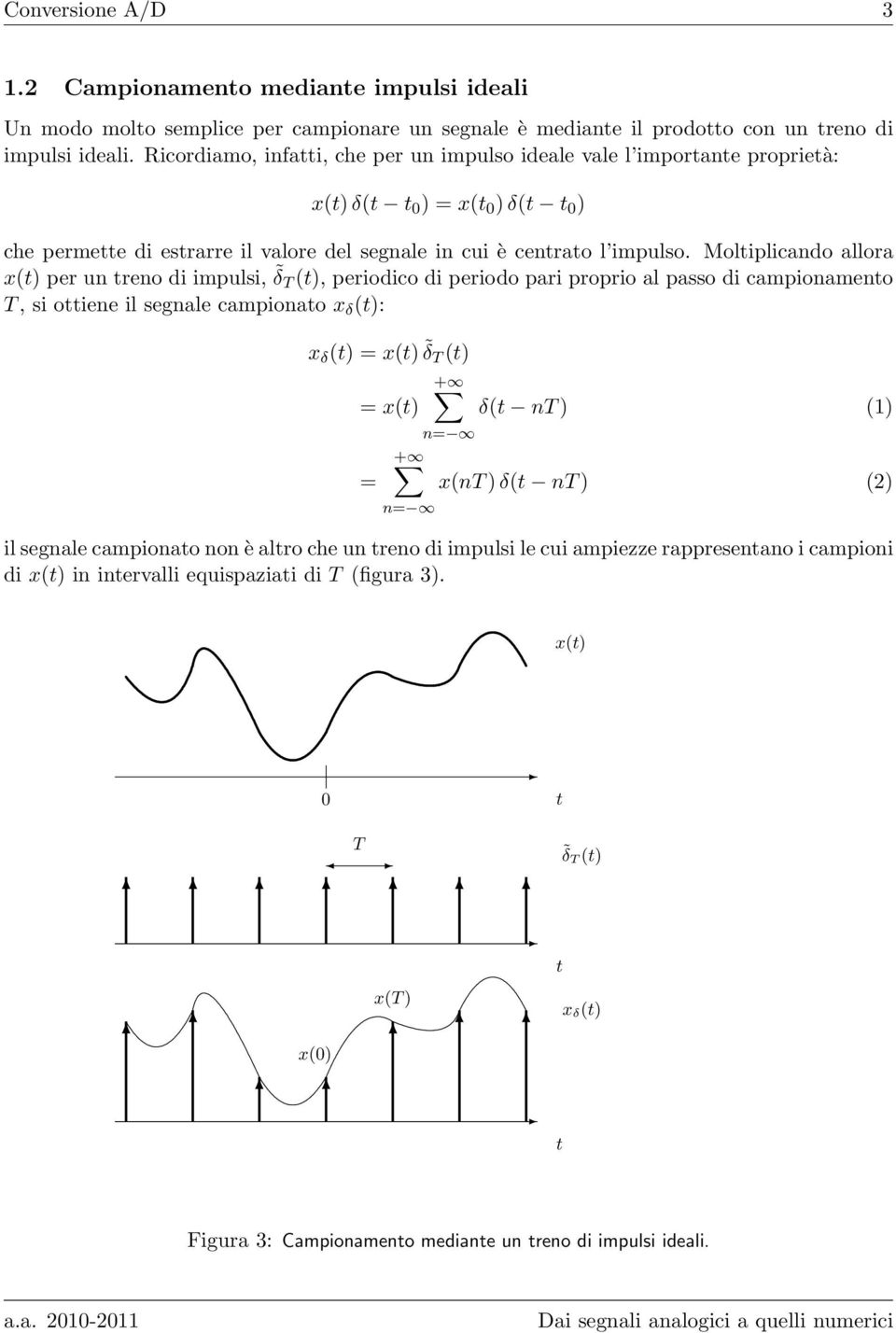 Moliplicando allora x() per un reno di impulsi, δ (), periodico di periodo pari proprio al passo di campionameno, si oiene il segnale campionao x δ (): x δ () = x() δ () = x() = δ( n ) ()