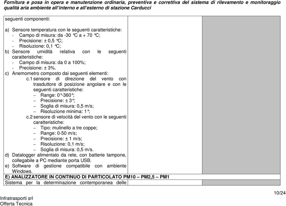 1 sensore di direzione del vento con trasduttore di posizione angolare e con le seguenti caratteristiche: Range: 0-360 ; Precisione: ± 3 ; Soglia di misura: 0,5 m/s; Risoluzione minima: 1 ; c.