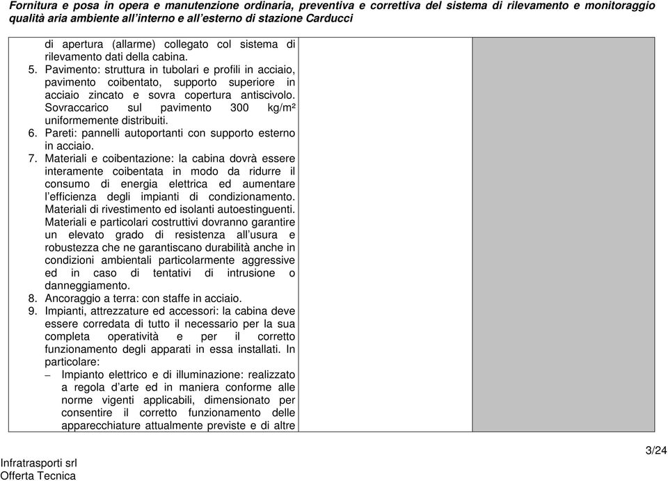 Sovraccarico sul pavimento 300 kg/m² uniformemente distribuiti. 6. Pareti: pannelli autoportanti con supporto esterno in acciaio. 7.