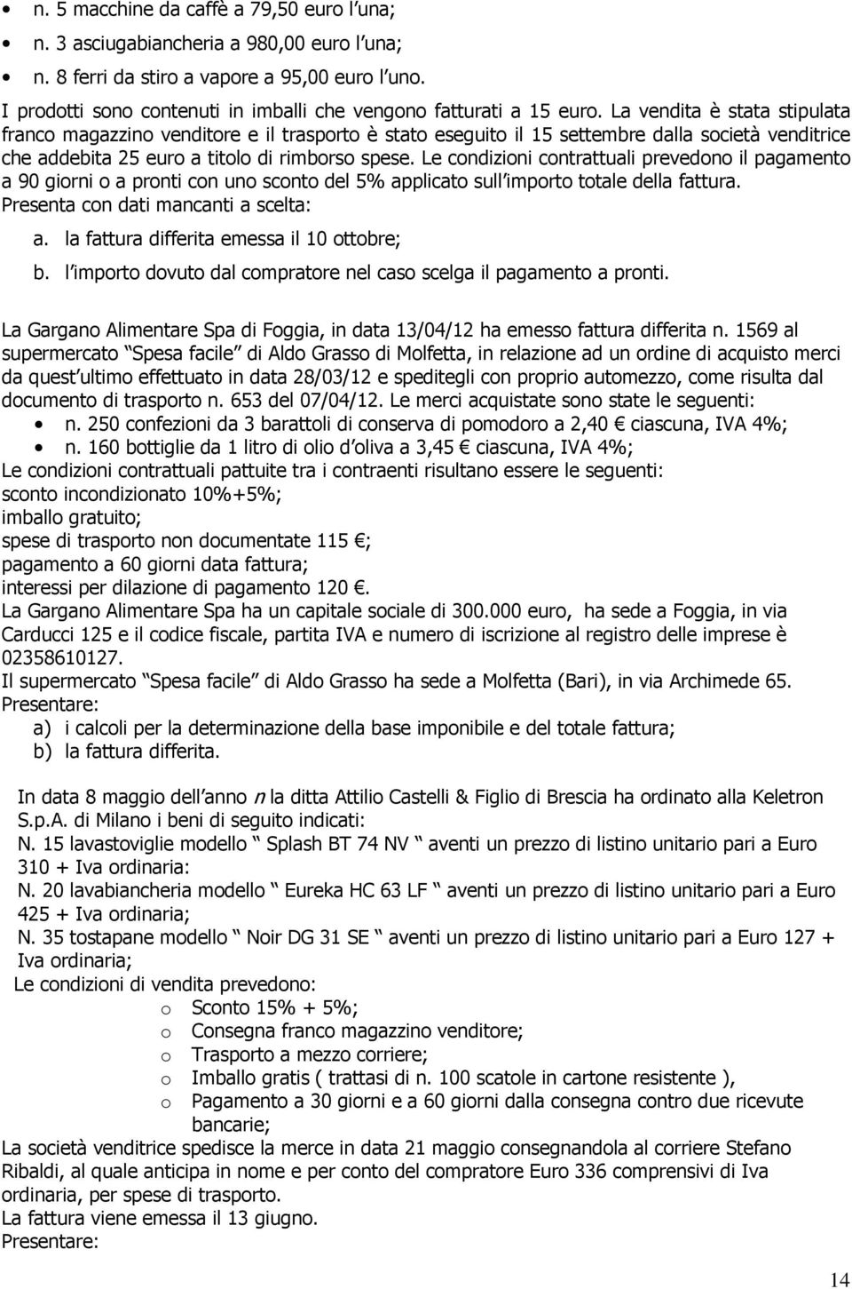 La vendita è stata stipulata franco magazzino venditore e il trasporto è stato eseguito il 15 settembre dalla società venditrice che addebita 25 euro a titolo di rimborso spese.