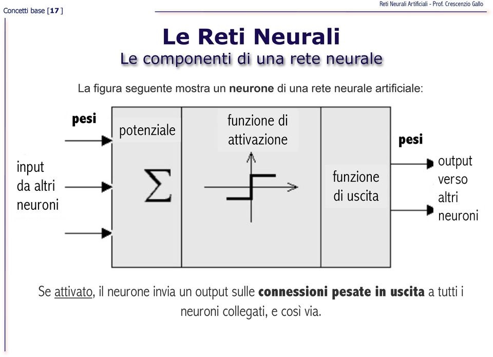 funzione di attivazione funzione di uscita pesi output verso altri neuroni Se attivato, il