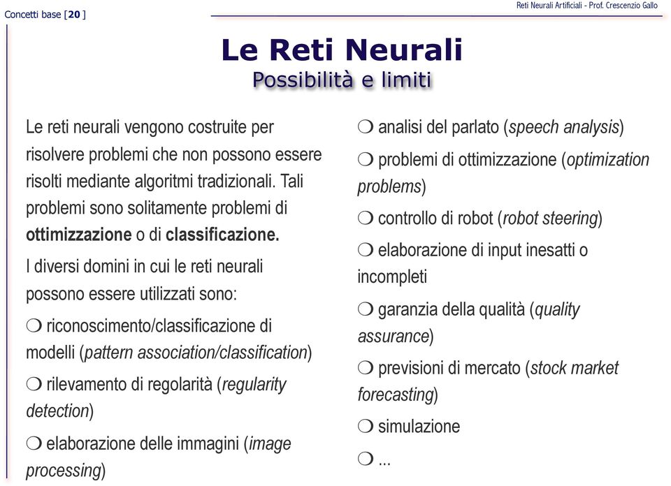 I diversi domini in cui le reti neurali possono essere utilizzati sono: riconoscimento/classificazione di modelli (pattern association/classification) rilevamento di regolarità (regularity