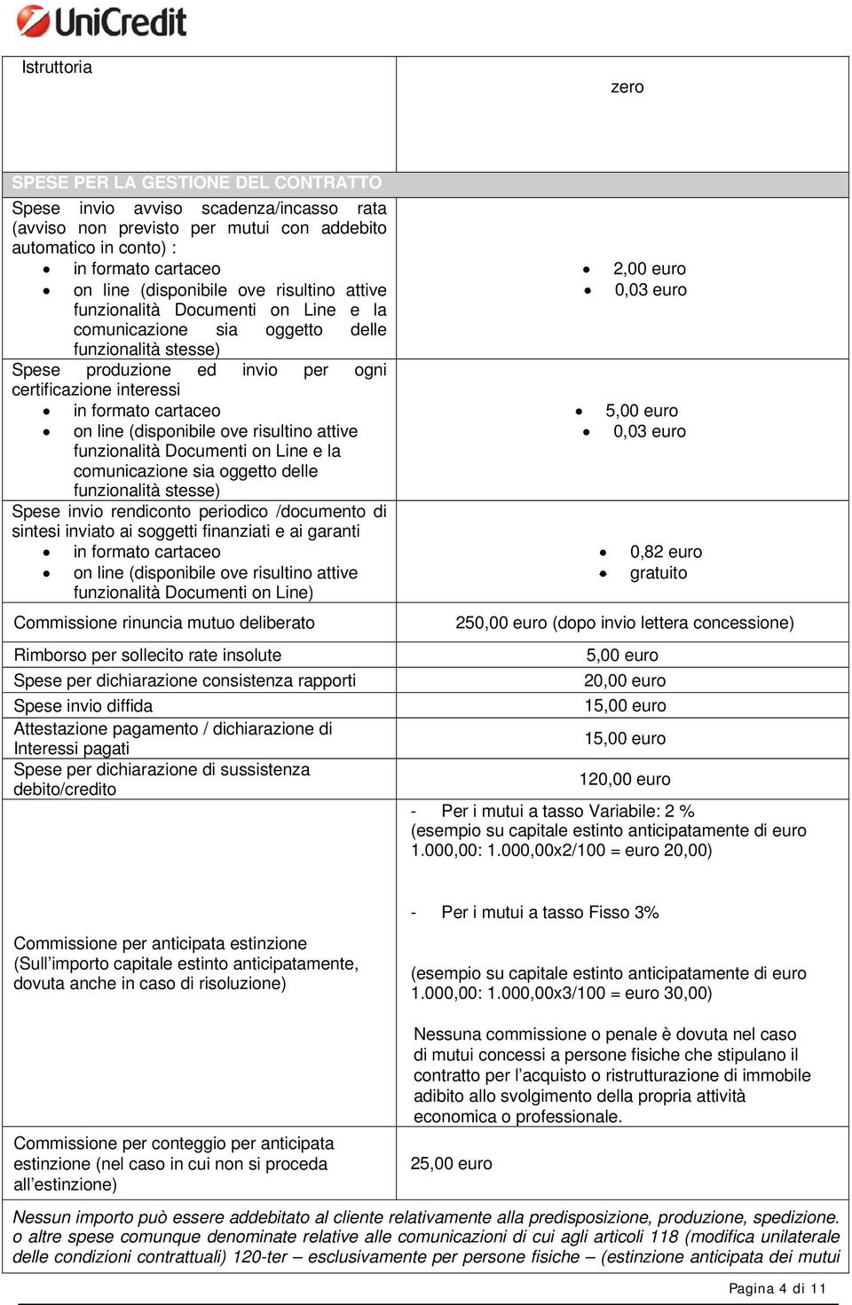 cartaceo on line (disponibile ove risultino attive funzionalità Documenti on Line e la comunicazione sia oggetto delle funzionalità stesse) Spese invio rendiconto periodico /documento di sintesi