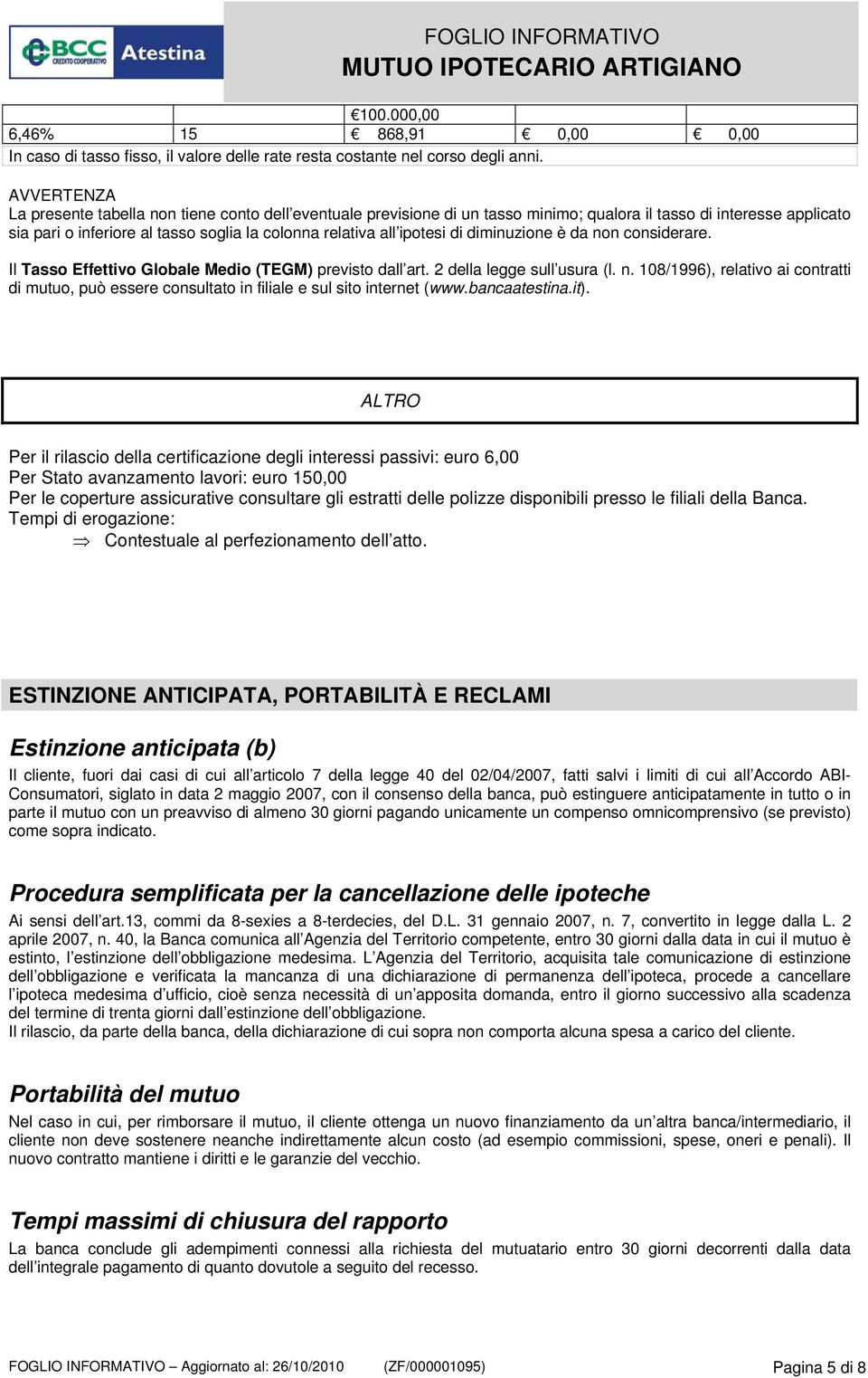 ipotesi di diminuzione è da non considerare. Il Tasso Effettivo Globale Medio (TEGM) previsto dall art. 2 della legge sull usura (l. n. 108/1996), relativo ai contratti di mutuo, può essere consultato in filiale e sul sito internet (www.