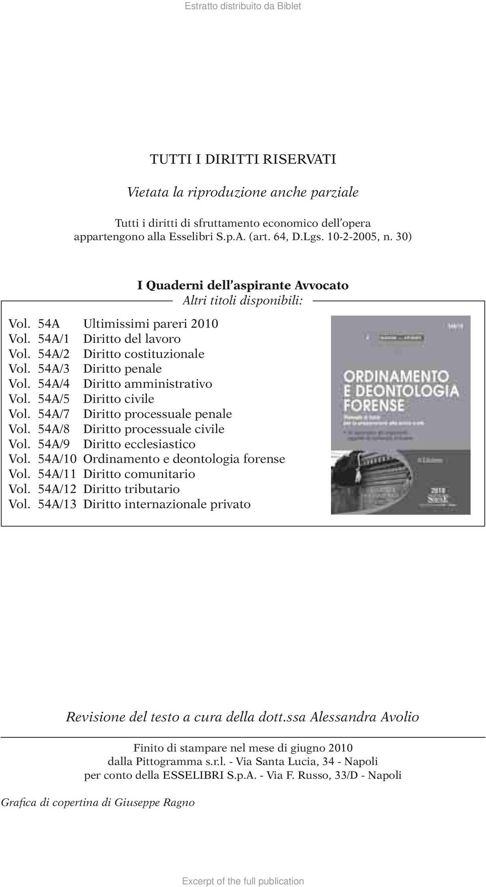 54A/4 Diritto amministrativo Vol. 54A/5 Diritto civile Vol. 54A/7 Diritto processuale penale Vol. 54A/8 Diritto processuale civile Vol. 54A/9 Diritto ecclesiastico Vol.