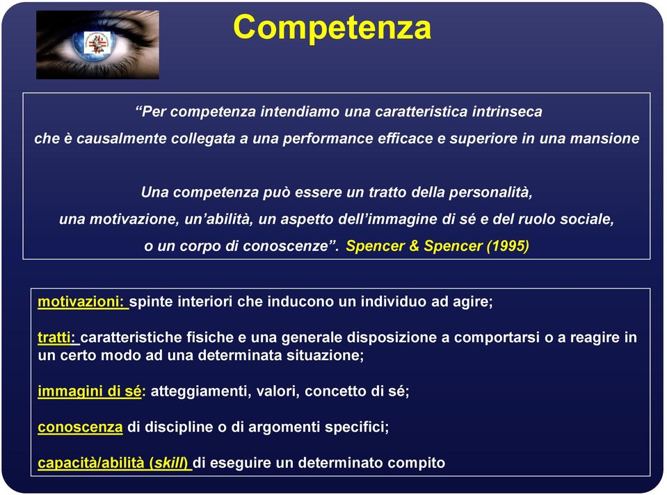 Spencer & Spencer (1995) motivazioni: spinte interiori che inducono un individuo ad agire; tratti: caratteristiche fisiche e una generale disposizione a comportarsi o a