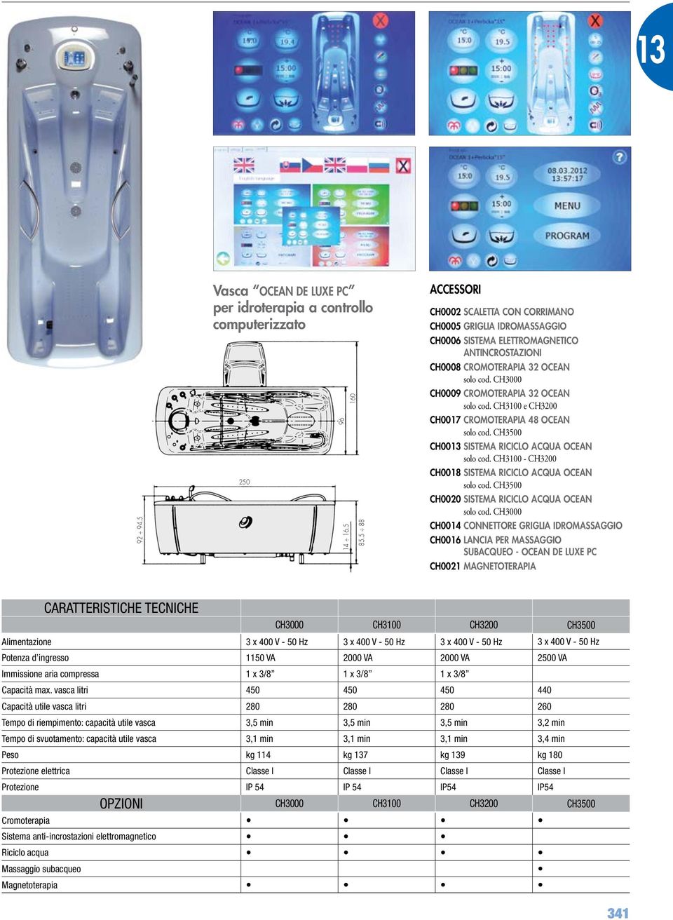 CH3000 CH0009 cromoterapia 32 ocean solo cod. CH3100 e CH3200 CH0017 cromoterapia 48 ocean solo cod. CH3500 CH0013 sistema riciclo acqua ocean solo cod.