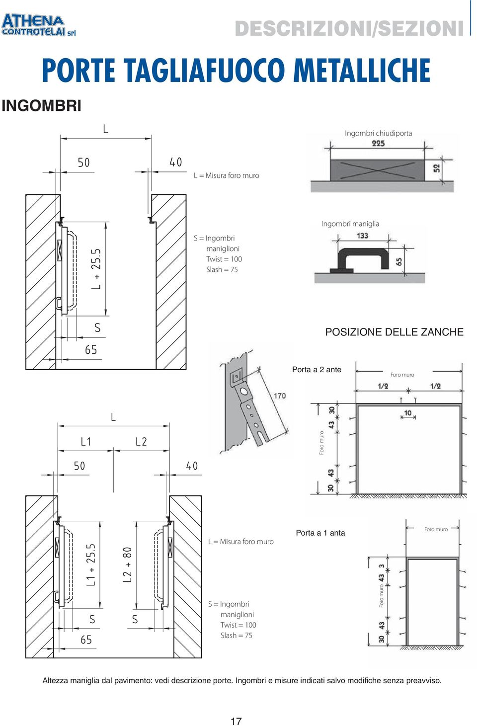 Foro mur o L = Misura foro muro Porta a 1 anta Foro muro S = Ingombri maniglioni Twist = 100 Slash = 75 Foro