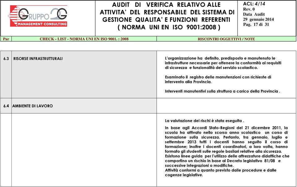 scolastico. Esaminato il registro delle manutenzioni con richieste di intervento alla Provincia. Interventi manutentivi sulla struttura a carico della Provincia. 6.