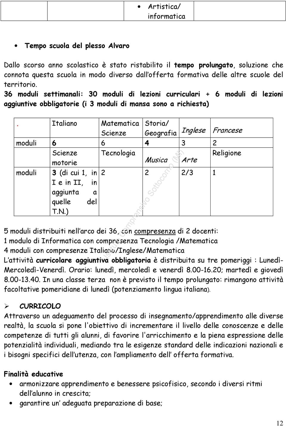 Italiano Matematica Scienze Storia/ Geografia Inglese Francese moduli 6 6 4 3 2 Scienze Tecnologia Religione motorie Musica Arte moduli 3 (di cui 1, in 2 2 2/3 1 I e in II, in aggiunta a quelle del T.