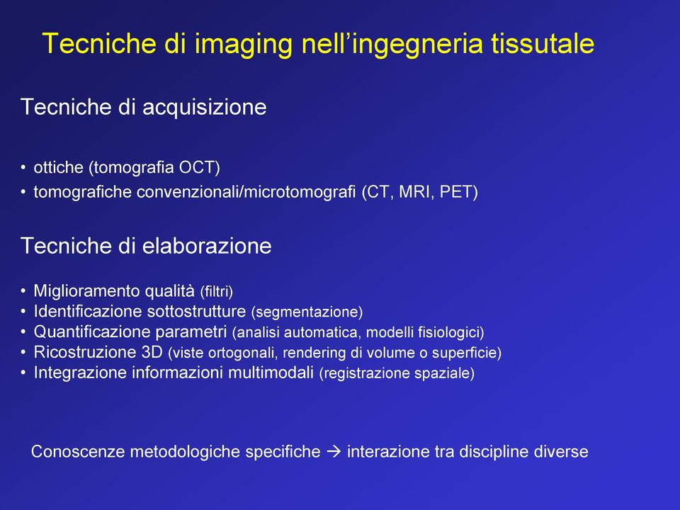 (segmentazione) Quantificazione parametri (analisi automatica, modelli fisiologici) Ricostruzione 3D (viste ortogonali, rendering