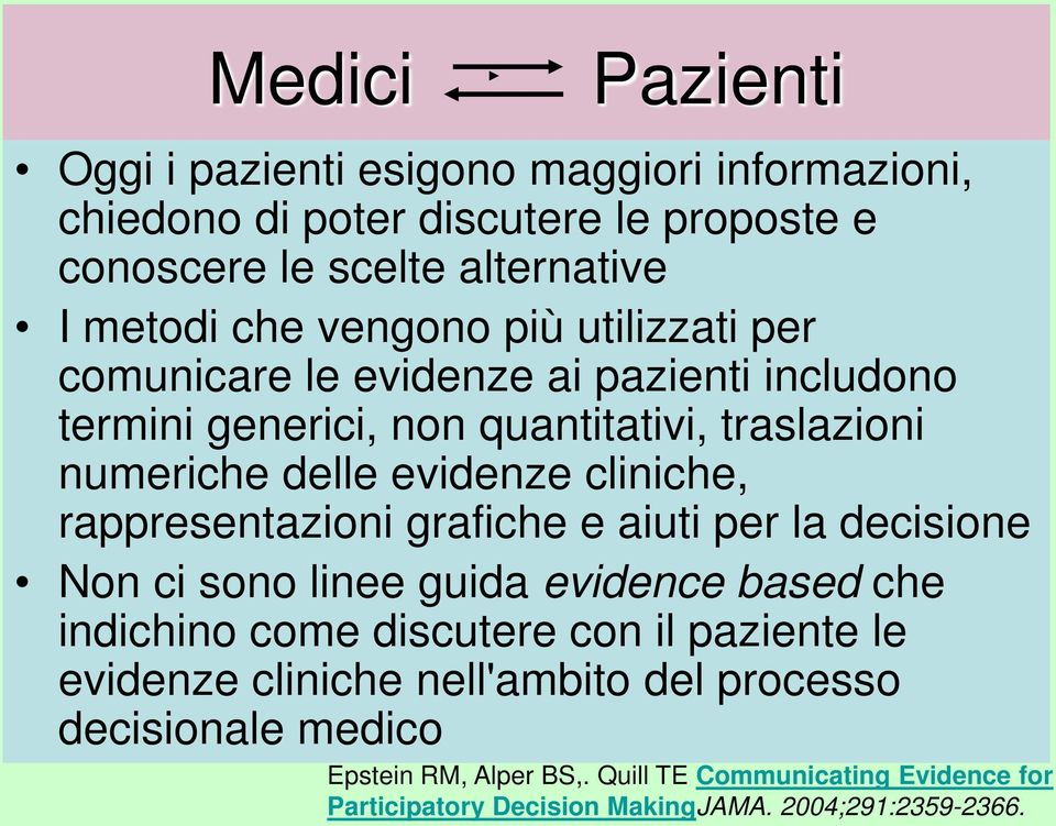 rappresentazioni grafiche e aiuti per la decisione Non ci sono linee guida evidence based che indichino come discutere con il paziente le evidenze