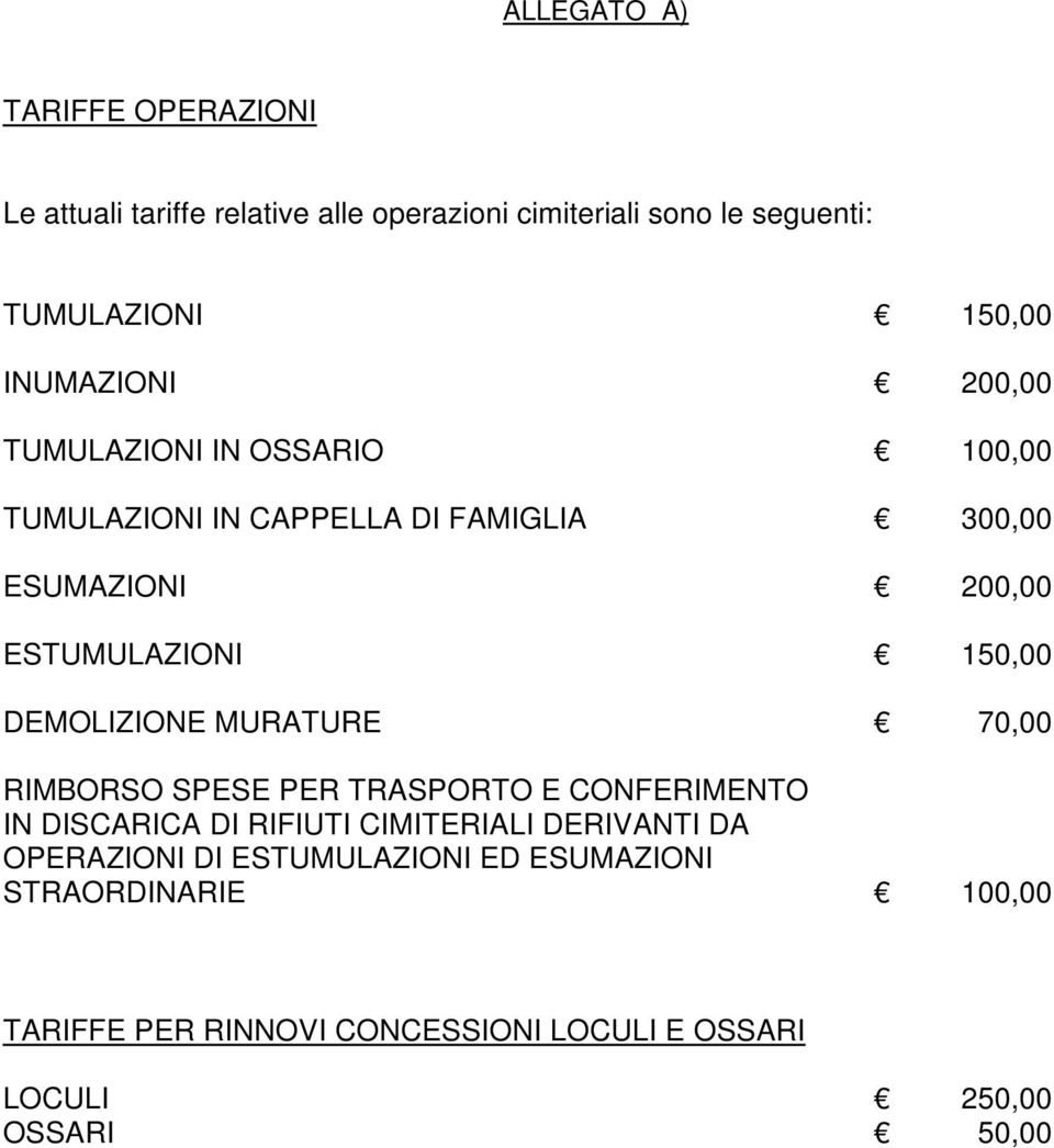 150,00 DEMOLIZIONE MURATURE 70,00 RIMBORSO SPESE PER TRASPORTO E CONFERIMENTO IN DISCARICA DI RIFIUTI CIMITERIALI DERIVANTI DA