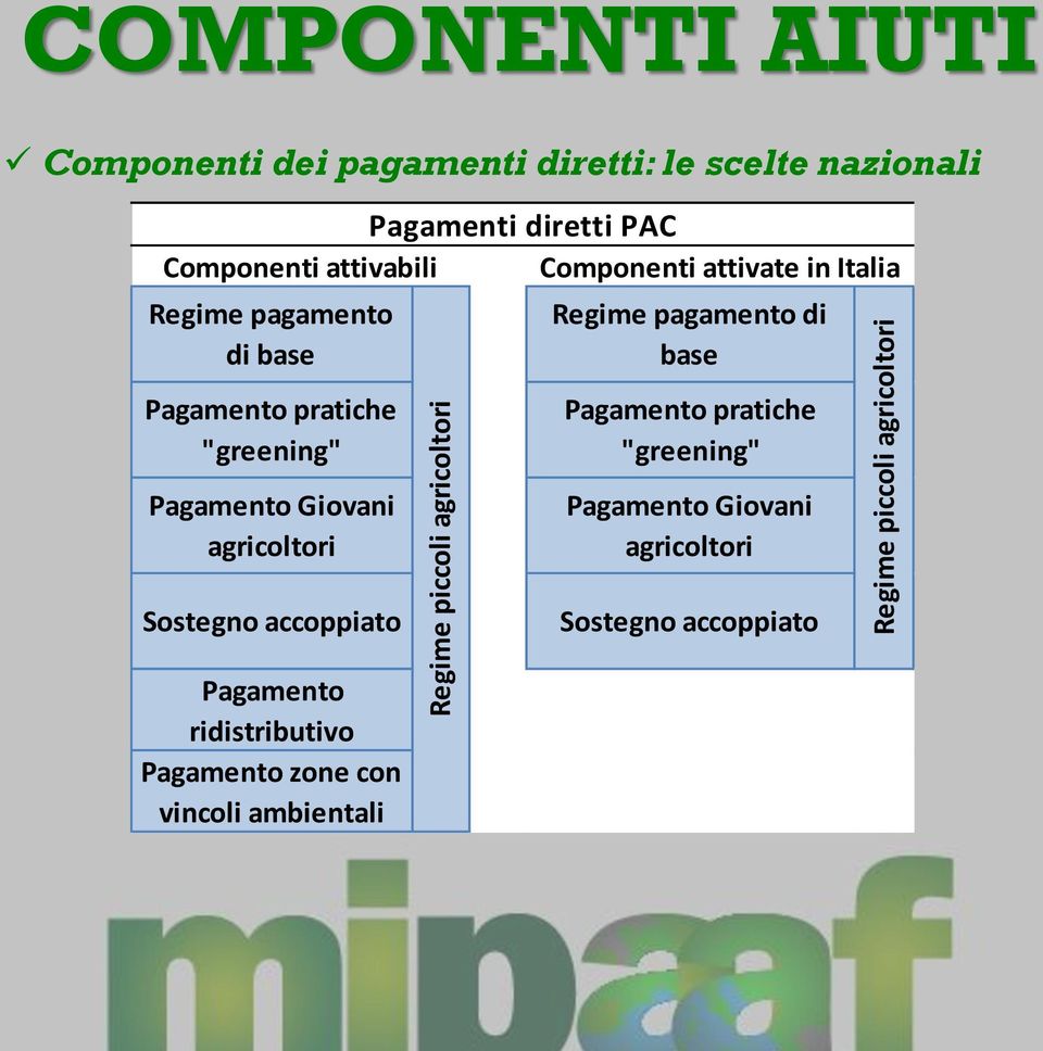 Sostegno accoppiato Pagamento ridistributivo Pagamento zone con vincoli ambientali Regime piccoli agricoltori Regime