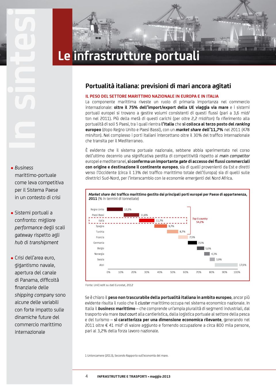 mare e i sistemi portuali europei si trovano a gestire volumi consistenti di questi flussi (pari a 3,6 mld/ ton nel 2011).