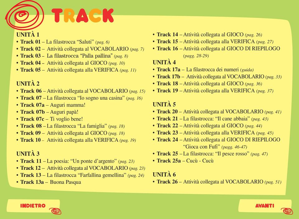 Track 07b Auguri papà! Track 07c Ti voglio bene! Track 08 La filastrocca La famiglia (pag. 18) Track 09 Attività collegata al GIOCO (pag. 18) Track 10 Attività collegata alla VERIFICA (pag.