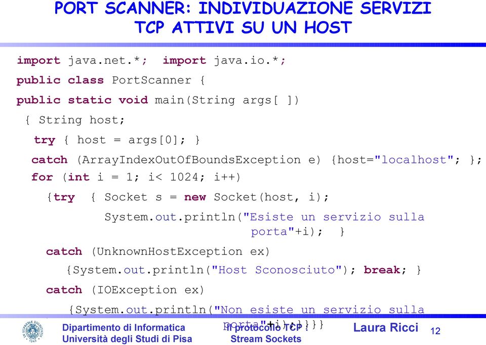 (ArrayIndexOutOfBoundsException e) {host="localhost"; }; for (int i = 1; i< 1024; i++) {try { Socket s = new Socket(host, i); System.out.