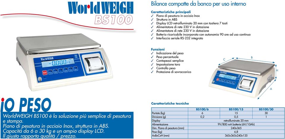 tara Controllo peso Protezione di sovraccarico C WorldWEIG S100 è la soluzione più semplice di pesatura e stampa. Piano di pesatura in acciaio Inox, struttura in S.