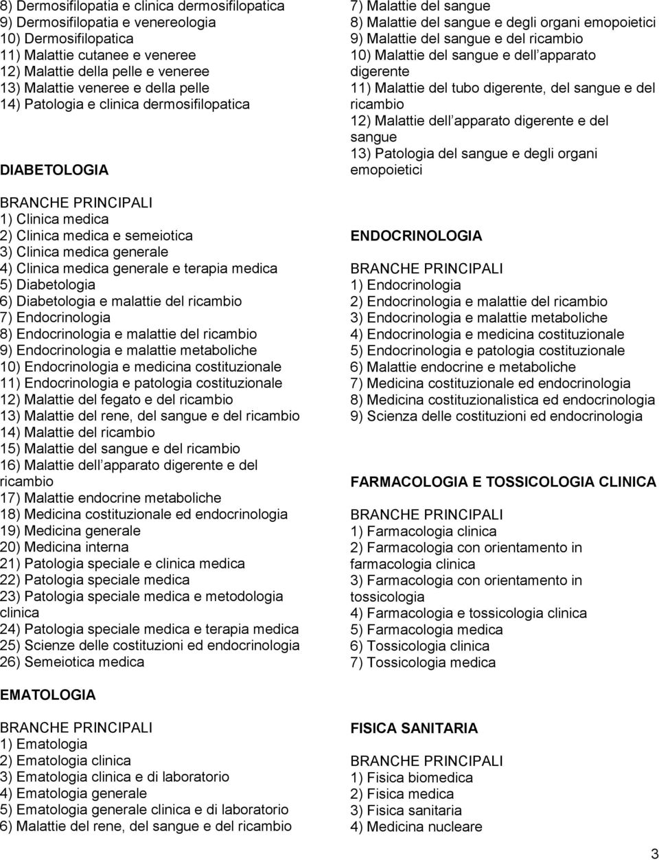 Diabetologia e malattie del ricambio 7) Endocrinologia 8) Endocrinologia e malattie del ricambio 9) Endocrinologia e malattie metaboliche 10) Endocrinologia e medicina costituzionale 11)