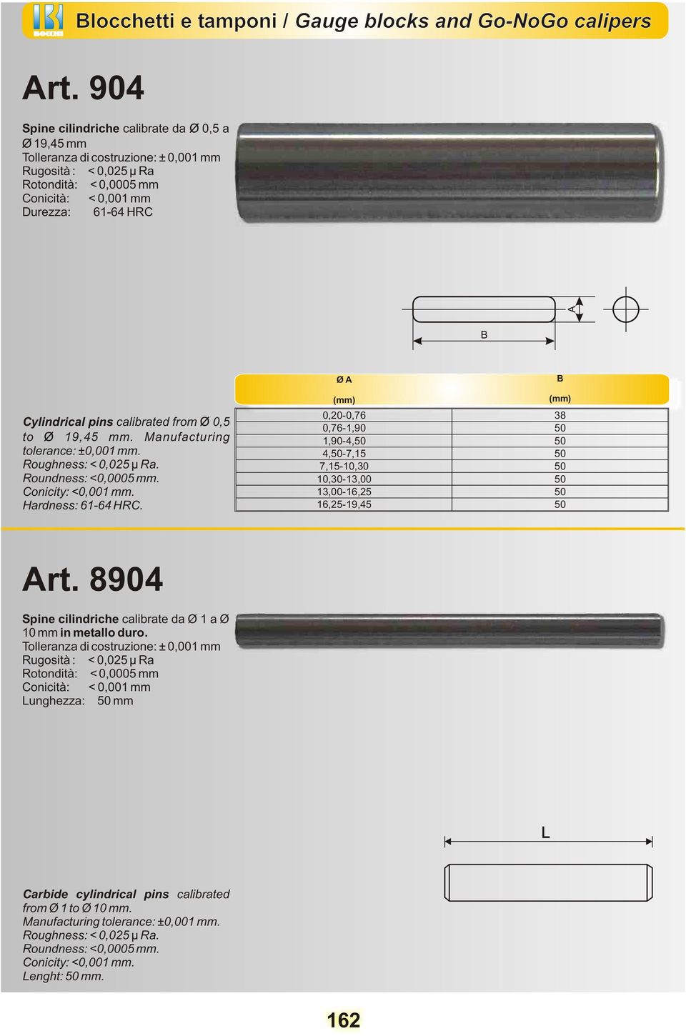 calibrated from 0,5 to 19,45 mm. Manufacturing tolerance: ±0,001 mm. Roughness: < 0,025 µ Ra. Roundness: <0,0005 mm. Conicity: <0,001 mm. Hardness: 61-64 HRC.