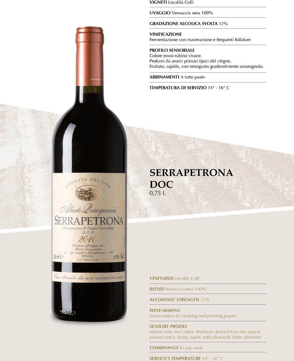 ABBINAMENTI A tutto pasto TEMPERATURA DI SERVIZIO 14-16 C SERRAPETRONA DOC 0,75 L VINEYARDS Locality Colli BLEND Vernaccia nera 100% ALCOHOLIC STRENGTH 12% WINE-MAKING