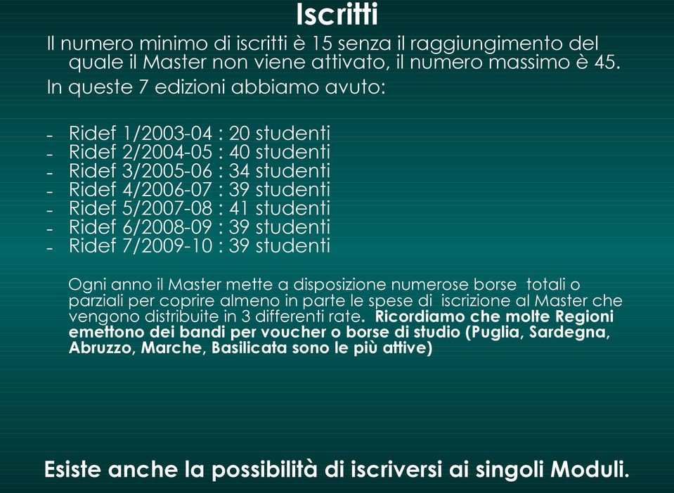 studenti - Ridef 6/2008-09 : 39 studenti - Ridef 7/2009-10 : 39 studenti Iscritti Ogni anno il Master mette a disposizione numerose borse totali o parziali per coprire almeno in parte le spese