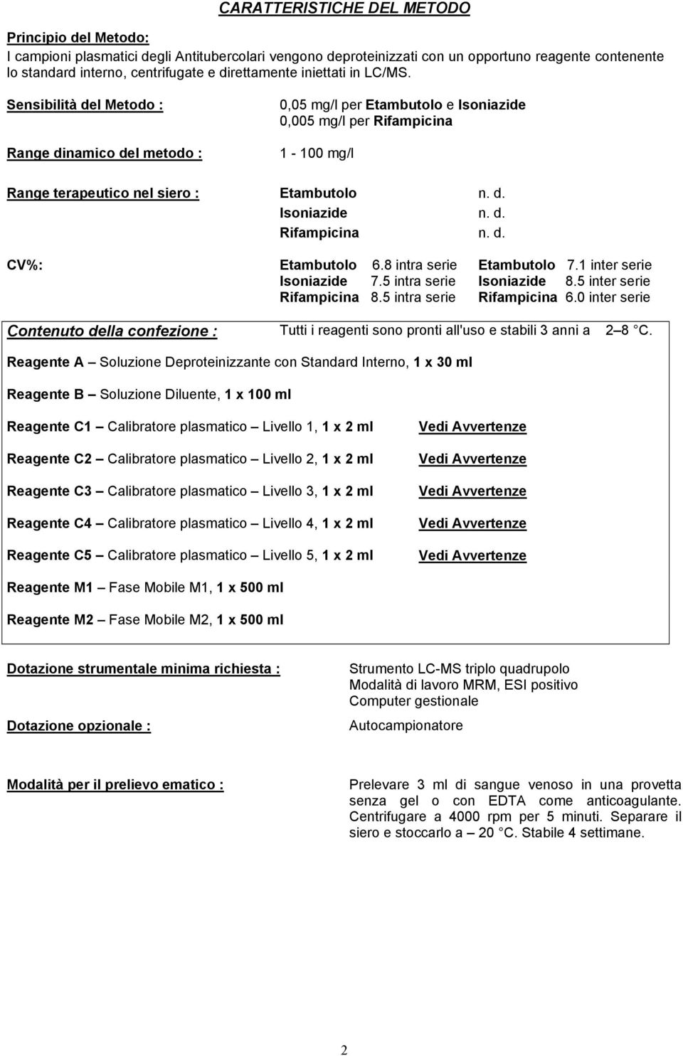 Sensibilità del Metodo : Range dinamico del metodo : Range terapeutico nel siero : 0,05 mg/l per Etambutolo e Isoniazide 0,005 mg/l per Rifampicina 1-100 mg/l Etambutolo n. d. Isoniazide n. d. Rifampicina n.