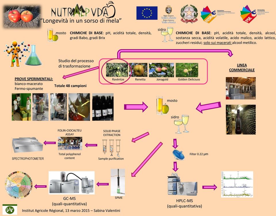 Studio del processo di trasformazione LINEA COMMERCIALE PROVE SPERIMENTALI: bianco-macerato Fermo-spumante Totale 48 campioni Ravèntze Renetta Jonagold Golden