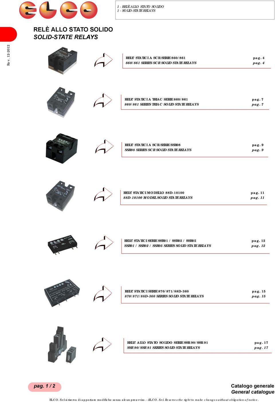 9 RELE' STATICI MODELLO 88D-10100 pag. 11 88D-10100 MODEL SOLID STATE RELAYS pag. 11 RELE' STATICI SERIE SSR01 / SSR02 / SSR05 pag. 12 SSR01 / SSR02 / SSR05 SERIES SOLID STATE RELAYS pag.