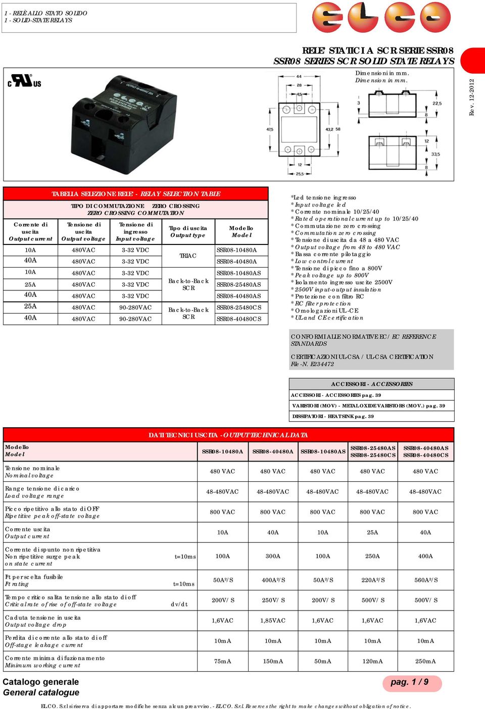 ingresso Input voltage Tipo di uscita Output type Modello Model 10A 480VAC 3-32 VDC SSR08-10480A 40A 480VAC 3-32 VDC TRIAC SSR08-40480A 10A 480VAC 3-32 VDC SSR08-10480AS 25A 480VAC 3-32 VDC