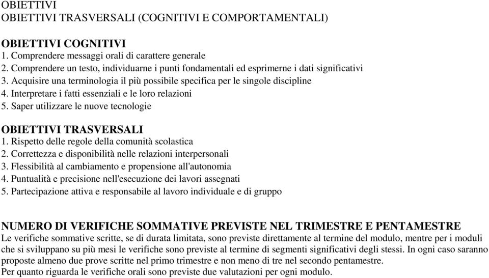 Interpretare i fatti essenziali e le loro relazioni 5. Saper utilizzare le nuove tecnologie OBIETTIVI TRASVERSALI 1. Rispetto delle regole della comunità scolastica 2.