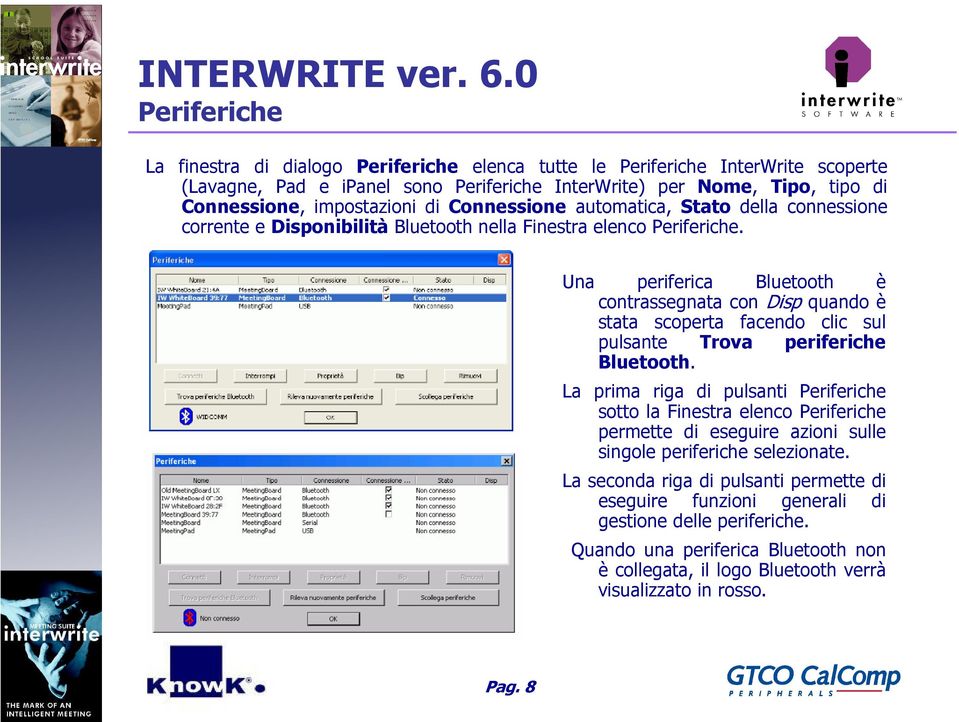 di Connessione automatica, Stato della connessione corrente e Disponibilità Bluetooth nella Finestra elenco Periferiche.