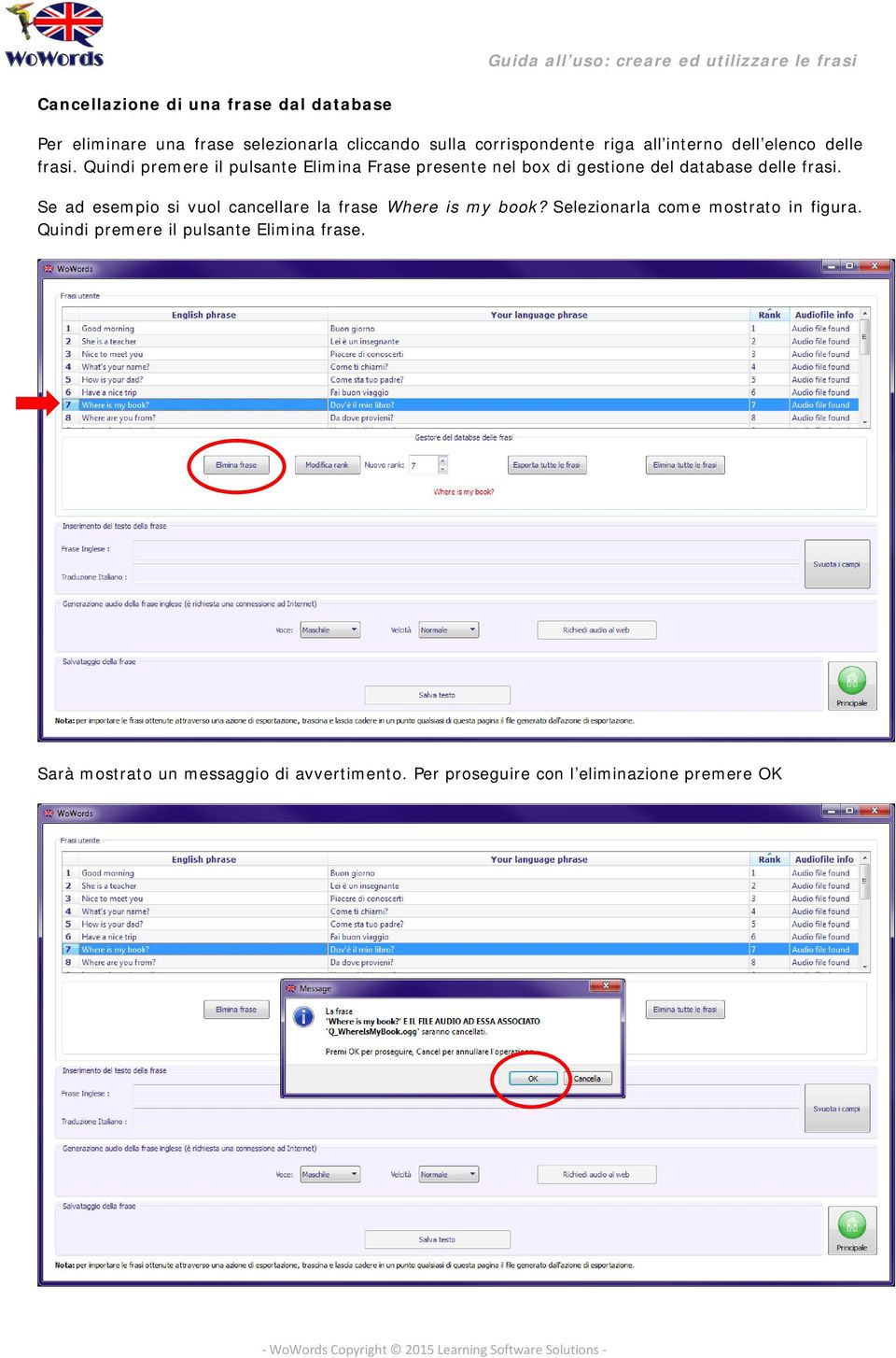 Quindi premere il pulsante Elimina Frase presente nel box di gestione del database delle frasi.