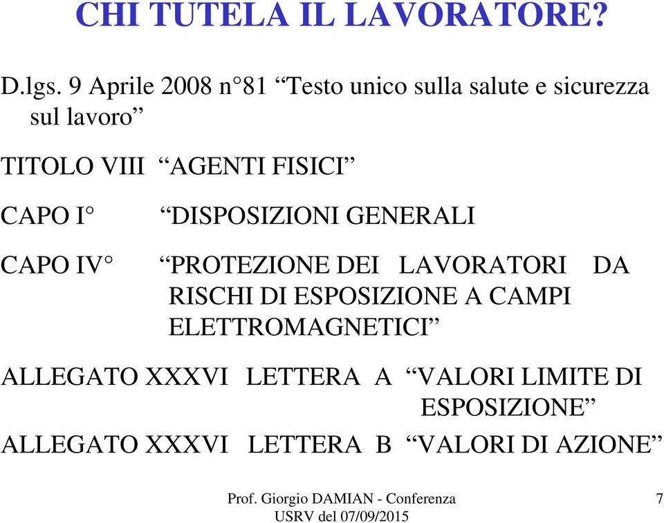 AGENTI FISICI CAPO I DISPOSIZIONI GENERALI CAPO IV PROTEZIONE DEI LAVORATORI DA