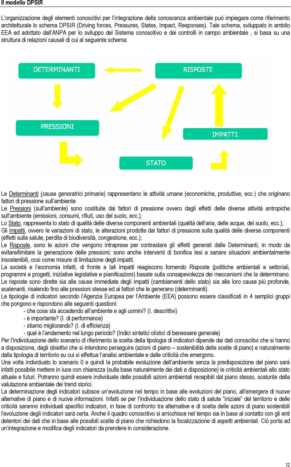 Tale schema, sviluppato in ambito EEA ed adottato dall ANPA per lo sviluppo del Sistema conoscitivo e dei controlli in campo ambientale, si basa su una struttura di relazioni causali di cui al