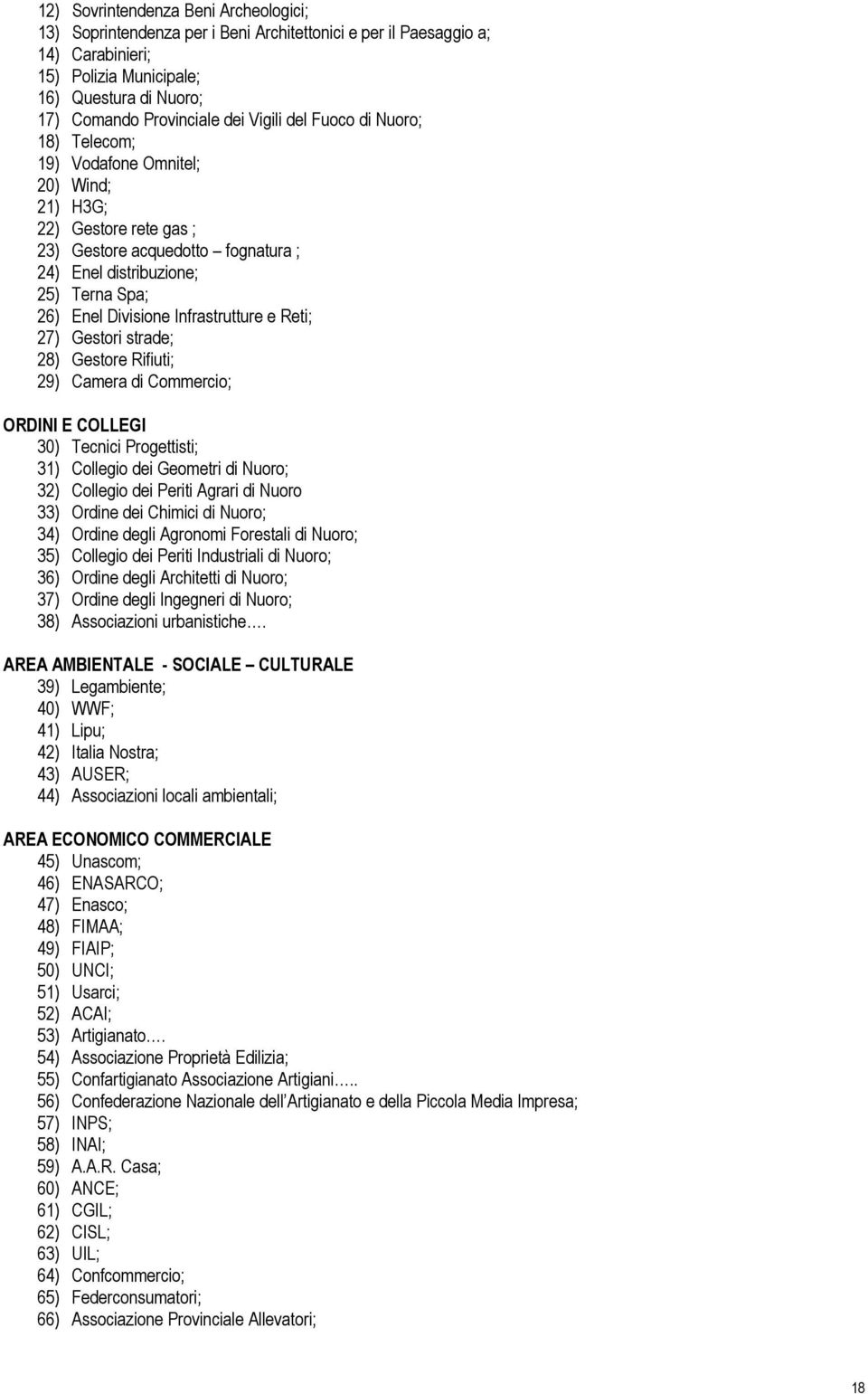 Infrastrutture e Reti; 27) Gestori strade; 28) Gestore Rifiuti; 29) Camera di Commercio; ORDINI E COLLEGI 30) Tecnici Progettisti; 31) Collegio dei Geometri di Nuoro; 32) Collegio dei Periti Agrari