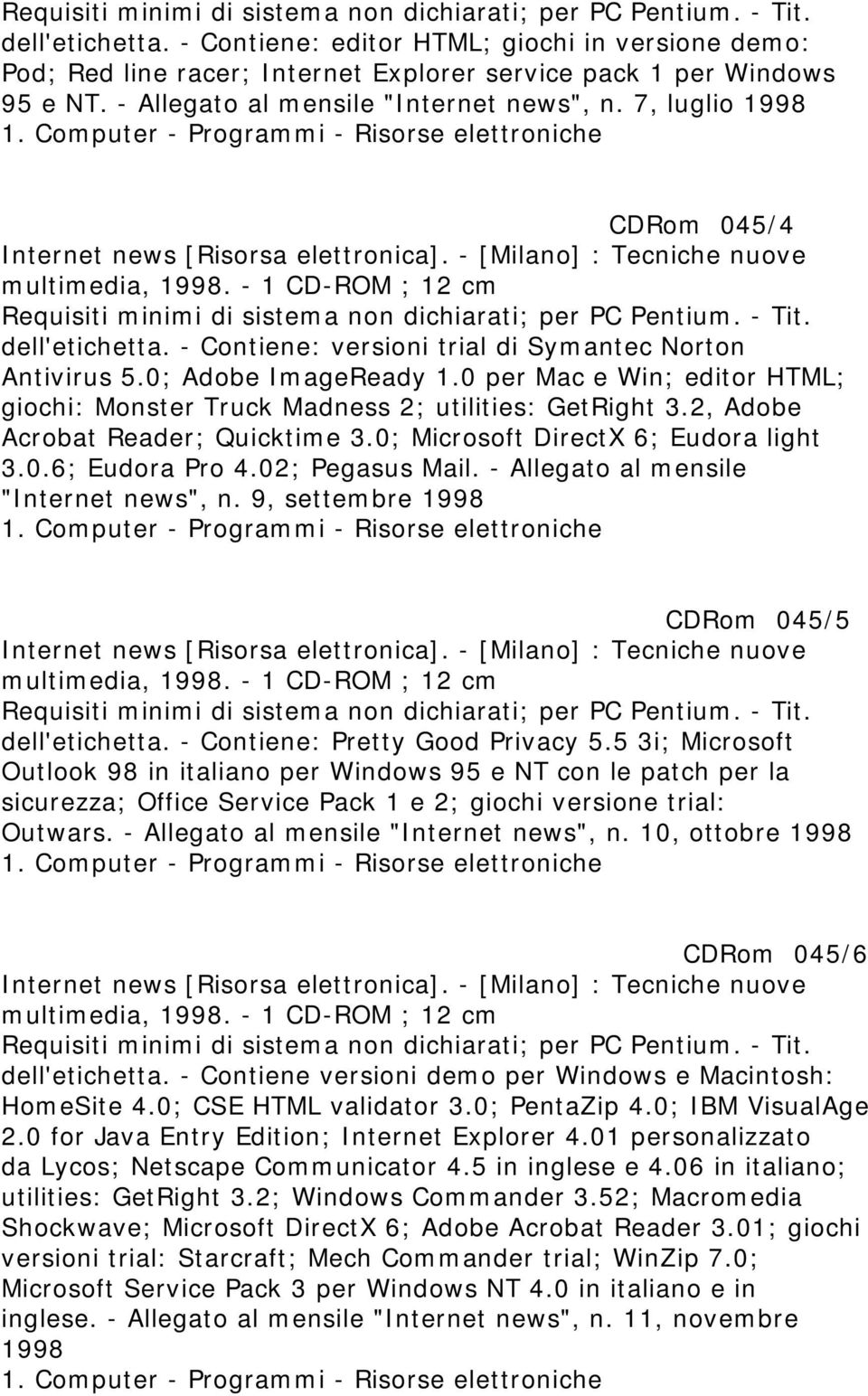 - Contiene: versioni trial di Symantec Norton Antivirus 5.0; Adobe ImageReady 1.0 per Mac e Win; editor HTML; giochi: Monster Truck Madness 2; utilities: GetRight 3.