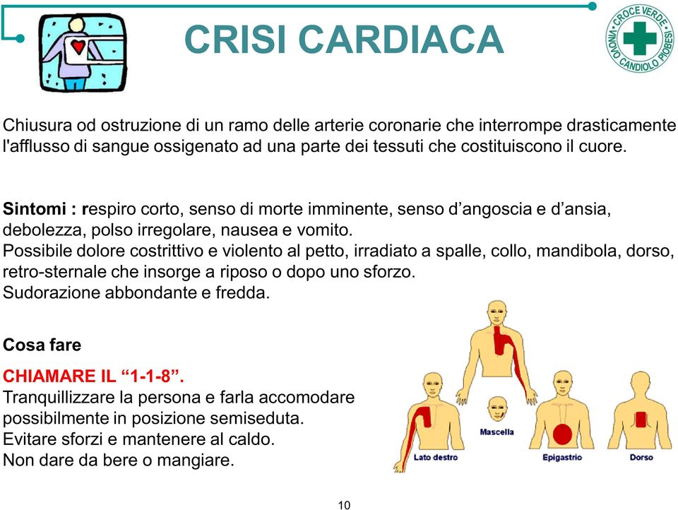 Possibile dolore costrittivo e violento al petto, irradiato a spalle, collo, mandibola, dorso, retro-sternale che insorge a riposo o dopo uno