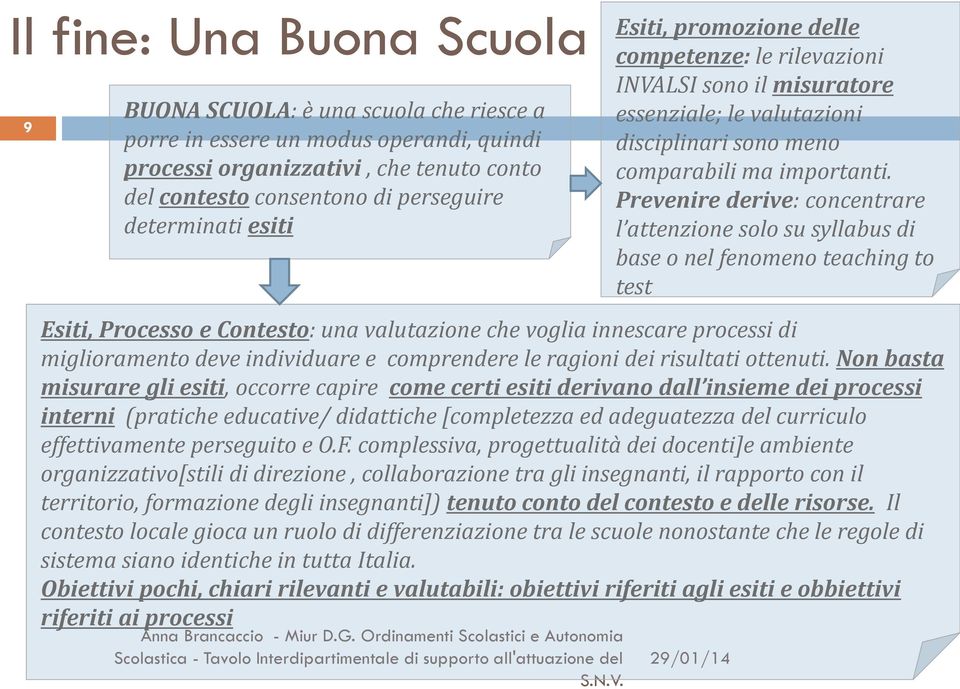 Non basta misurare gli esiti, occorre capire come certi esiti derivano dall insieme dei processi interni (pratiche educative/ didattiche [completezza ed adeguatezza del curriculo effettivamente