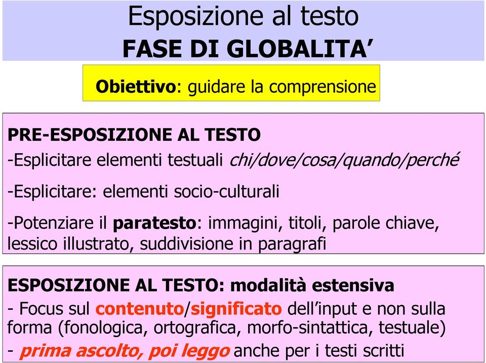 chiave, lessico illustrato, suddivisione in paragrafi ESPOSIZIONE AL TESTO: modalità estensiva - Focus sul contenuto/significato