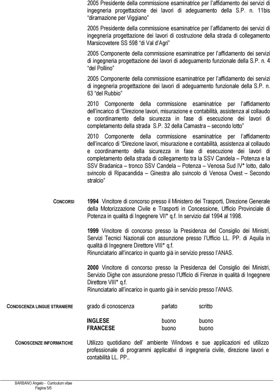 Marsicovetere SS 598 di Val d Agri 2005 Componente della commissione esaminatrice per l affidamento dei servizi di ingegneria progettazione dei lavori di adeguamento funzionale della S.P. n.