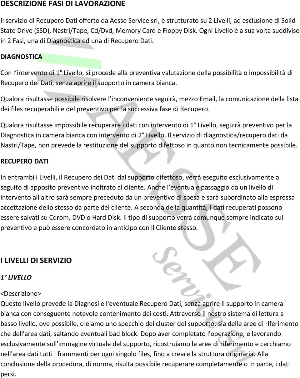 DIAGNOSTICA Con l intervento di 1 Livello, si procede alla preventiva valutazione della possibilità o impossibilità di Recupero dei Dati, senza aprire il supporto in camera bianca.