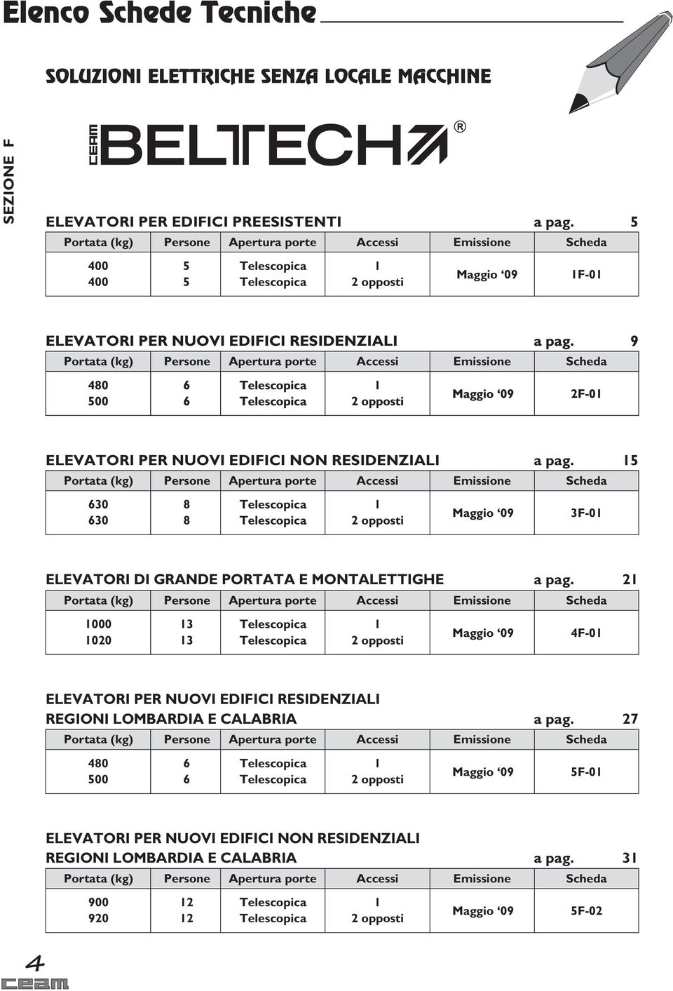 9 Portata (kg) Persone Apertura porte Accessi Emissione Scheda 480 6 1 Maggio 09 2F-01 500 6 2 opposti ELEVATORI PER NUOVI EDIFICI NON RESIDENZIALI a pag.