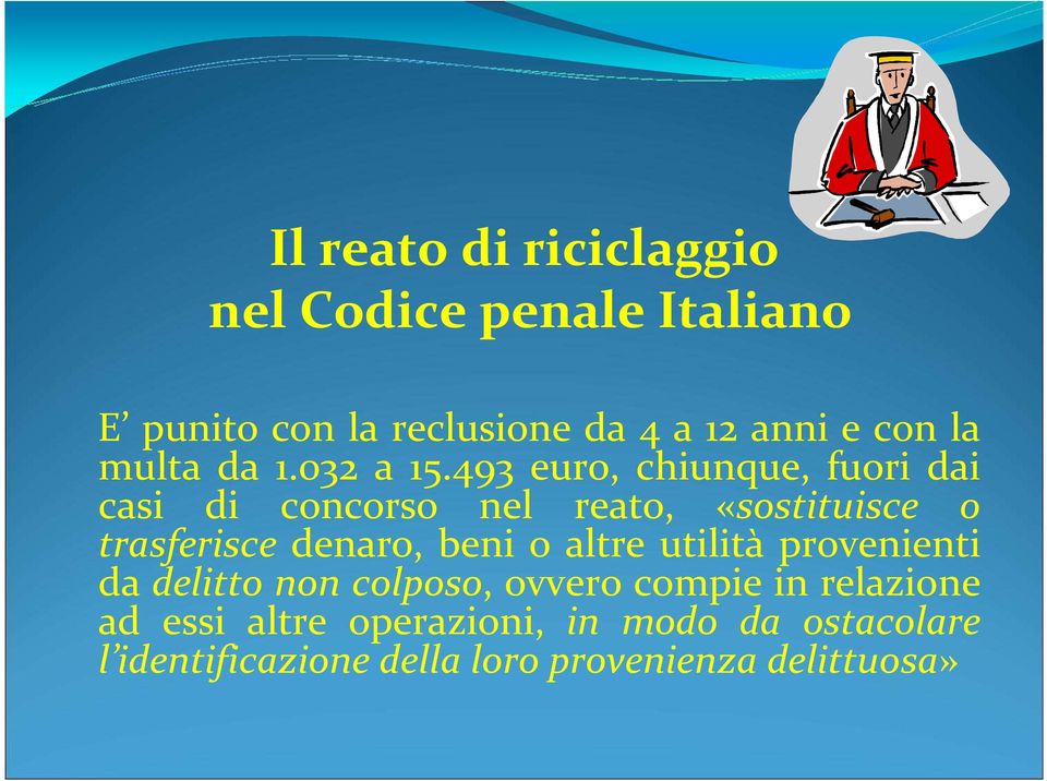 493 euro, chiunque, fuori dai casi di concorso nel reato, «sostituisce o trasferisce denaro, beni o